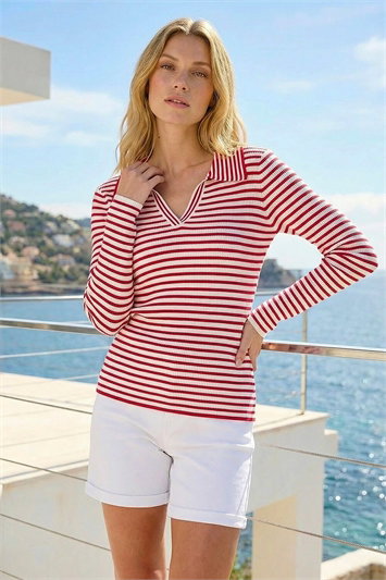 Red Stripe Collar Knit Top