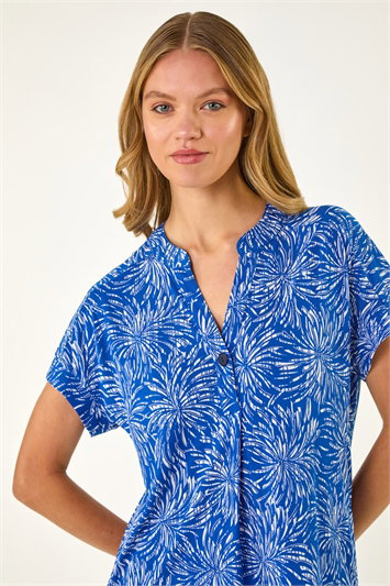 Blue Abstract Print V-Neck Stretch Top