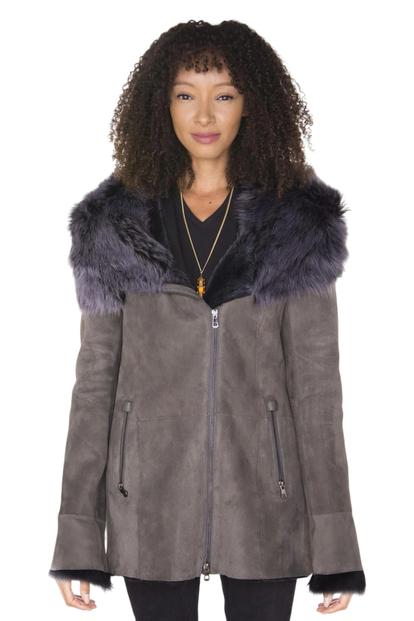 Grey Hooded Merino Sheepskin Coat-Monrovia