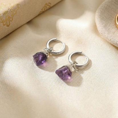 Purple Raw Amethyst February Birthstone Sterling Silver Huggies