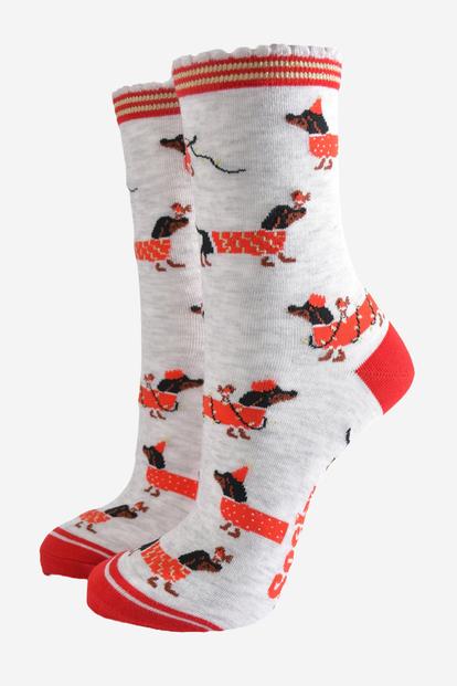 Grey Sausage Dog Christmas Robins Bamboo Socks