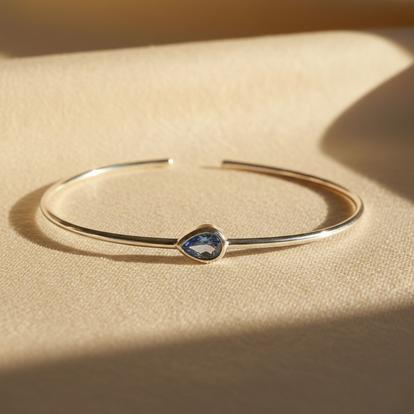 Blue Minimalist Sterling Silver Blue Topaz December Birthstone Bangle Bracelet