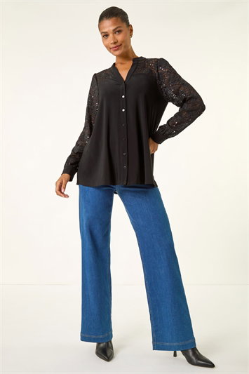 Sequin Lace Insert Stretch Blouse 10213708