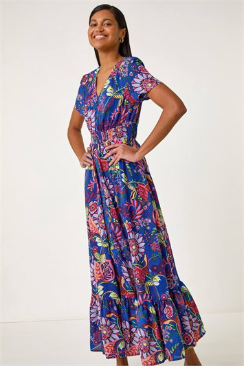 Blue Rose Print Button Detail Maxi Dress