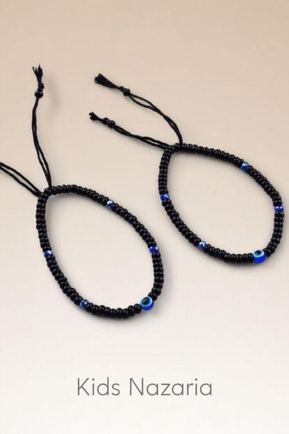 Black 1 Pcs Adjustable Evil Eye Slim Black Beads Nazaria Bracelet For Kids And New Borns