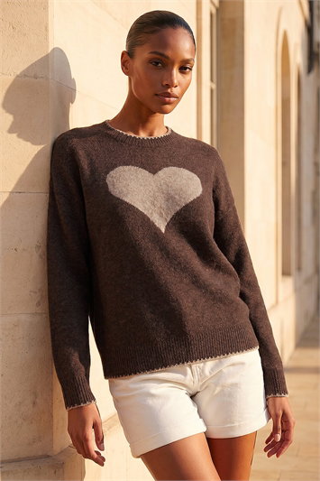 Brown Contrast Stitch Heart Jumper