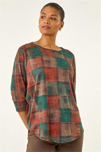 Orange Patchwork Print Round Hem Top