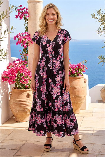 Pink Floral Print Shirred Waist Maxi Dress