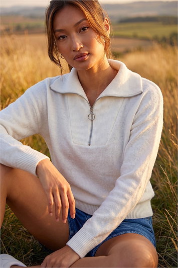 White Collar Zip Neck Knit Jumper