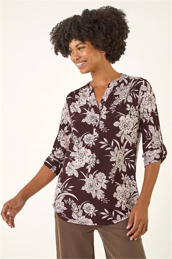 Red Floral Puff Print Stretch Shirt
