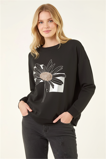Black Floral Print Stretch Top