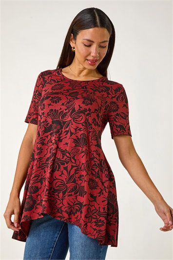Red Floral Print Hanky Hem Tunic Top