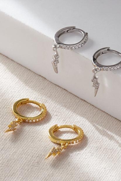 Metallic Lightning Bolt Sparkly Hoops Sterling Silver