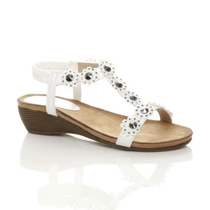 Black Low Wedge Heel Strappy T-Bar Flower Slingback Sandals