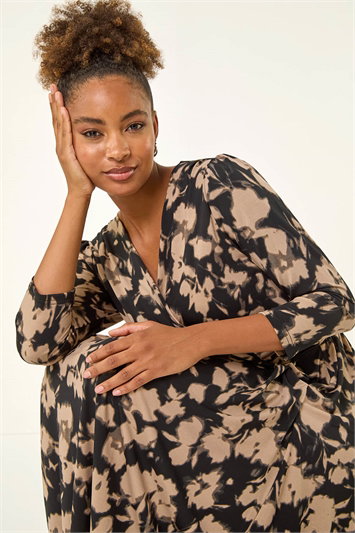 Cream Abstract Floral Print Wrap Midi Dress