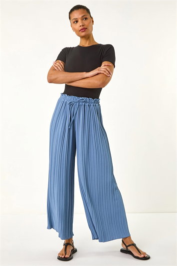 Blue Pleated Wide Leg Stretch Culottes