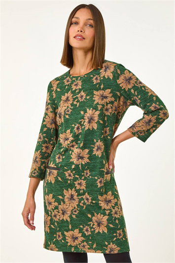 Green Floral Pocket Trim Stretch Shift Dress