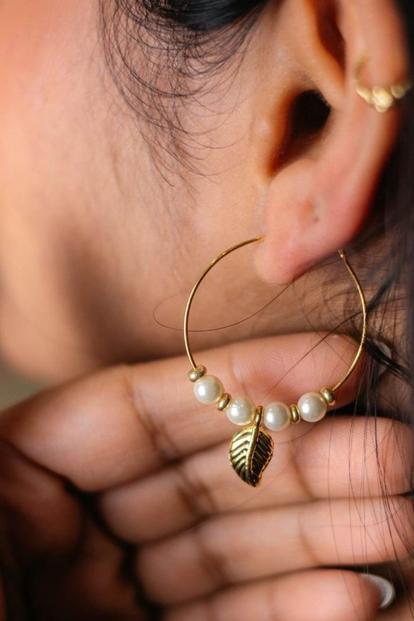 Metallic Gold Plated 30Mm White Beaded Dangle Leaf Huggie Hoop Earring