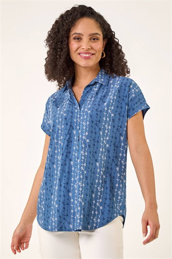 Blue Floral Stripe Print V-Neck Top