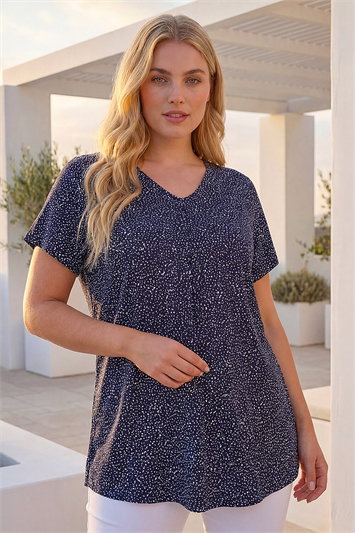 Blue Curve Ditsy Spot Print V-Neck Stretch Top
