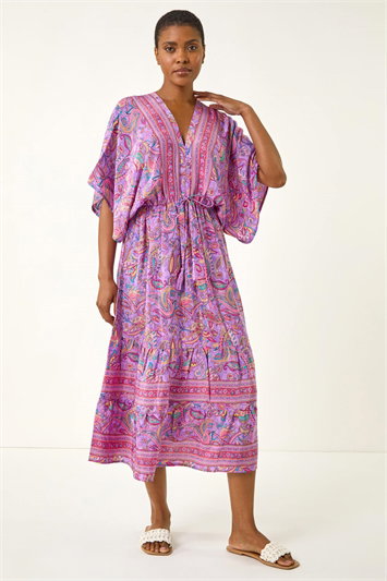 Purple Paisley Print V-Neck Midi Dress