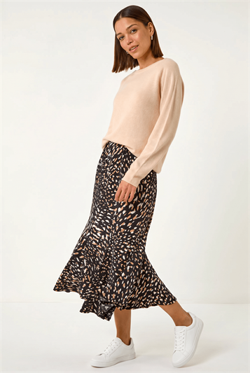 Brown Speckled Print Asymmetric A-Line Skirt