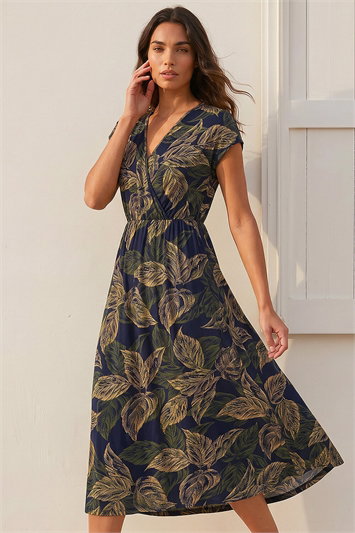 Blue Leaf Print Midi Wrap Dress