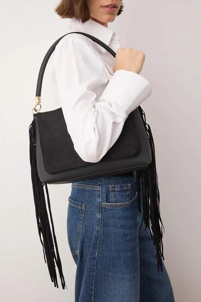 Black Women's Faux Suede Fringe Side Shoulder Bag With Top Handle