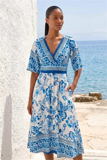 Blue Floral Border Print Pocket Midi Dress