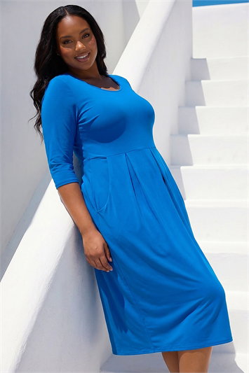 Blue Curve Pocket Shift Midi Dress