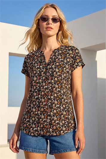 Pink Floral Puff Print Notch Neck Top