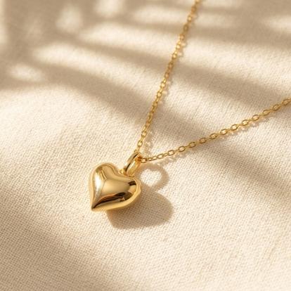 Metallic Gold Plated Puffed Heart Pendant Love Charm Necklace