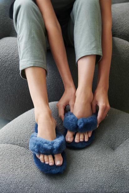 Blue "Highland Fluffy Navy" Sheepskin Slipper Sliders