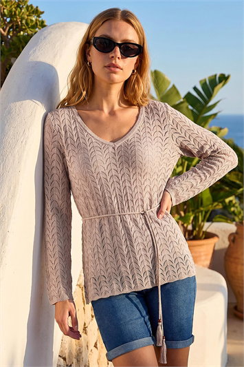 Pointelle Tassel Detail V-Neck Knit Top 16111059