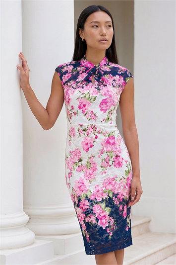 Pink Floral Lace Twist Neck Keyhole Dress