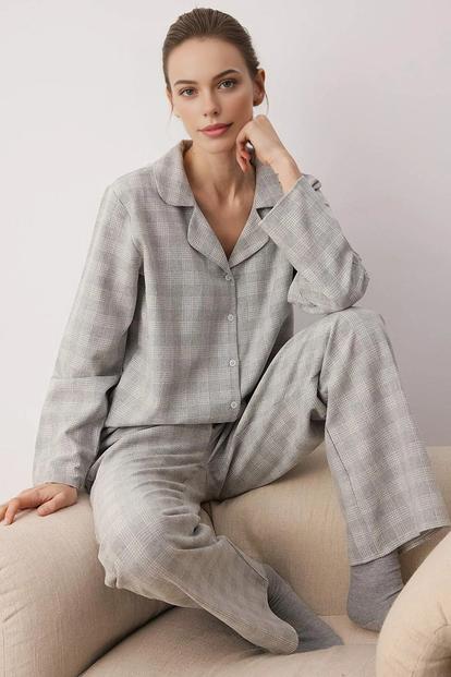 Red Check Flannel Revere Collar Long Sleeve Cotton Woven Pyjama Set