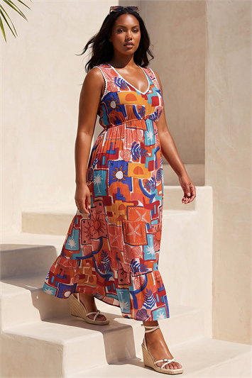 Curve Postcard Print V-Neck Maxi Dress 14910878