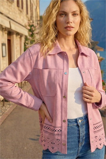 Pink Faux Suede Cut Out Shacket