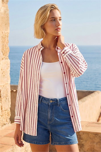 Red Stripe Print Button Up Blouse