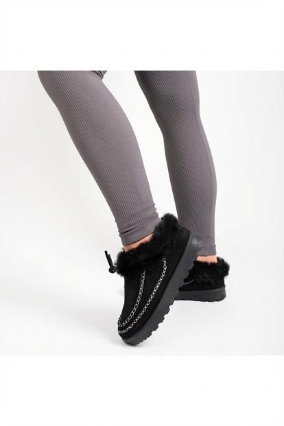 Black Kessia Faux Suede Fluffy Lined Ankle Boots With Stitch Detail