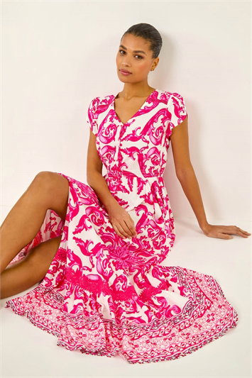 Pink Border Print Button Dress