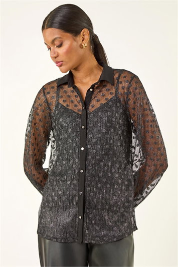 Black Dobby Plisse Button Up Blouse
