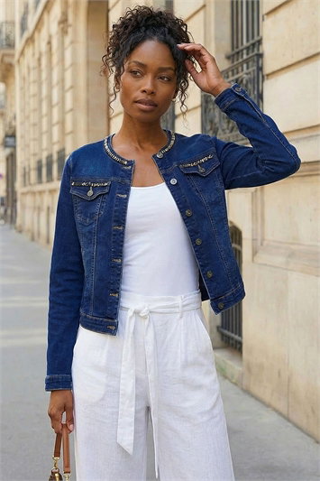 Purple Collarless Tape Stretch Denim Jacket