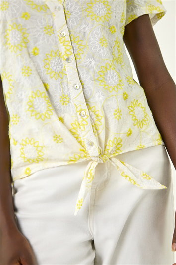 Yellow Cotton Broidery Tie Front Blouse