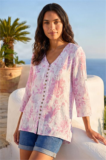 Pink Button Detail Floral Top