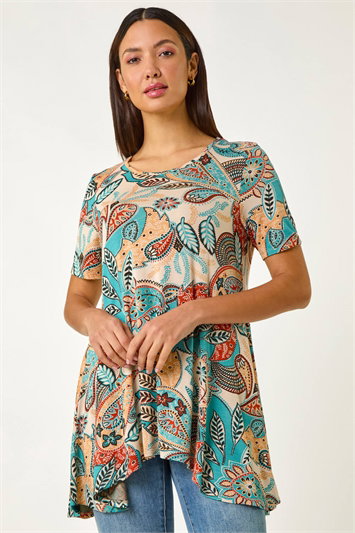 Blue Floral Print Hanky Hem Tunic Top