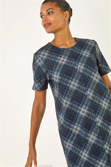 Blue Check Print T-Shirt Stretch Dress