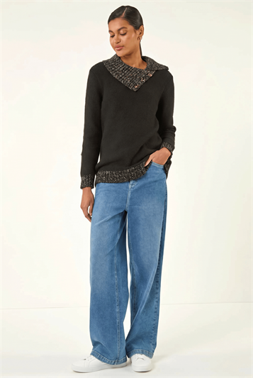Black Collared Buttoned Knit Jumper