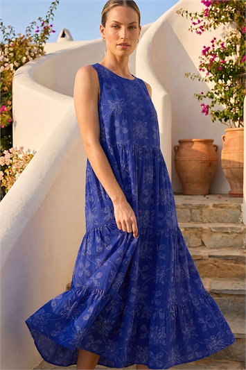 Blue Floral Motif Tiered Midi Dress