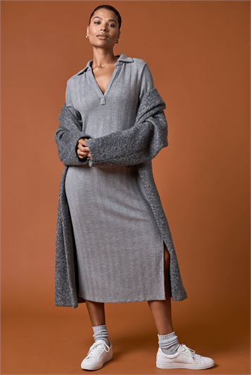 Grey Collar Ribbed Knit Midi Dress
